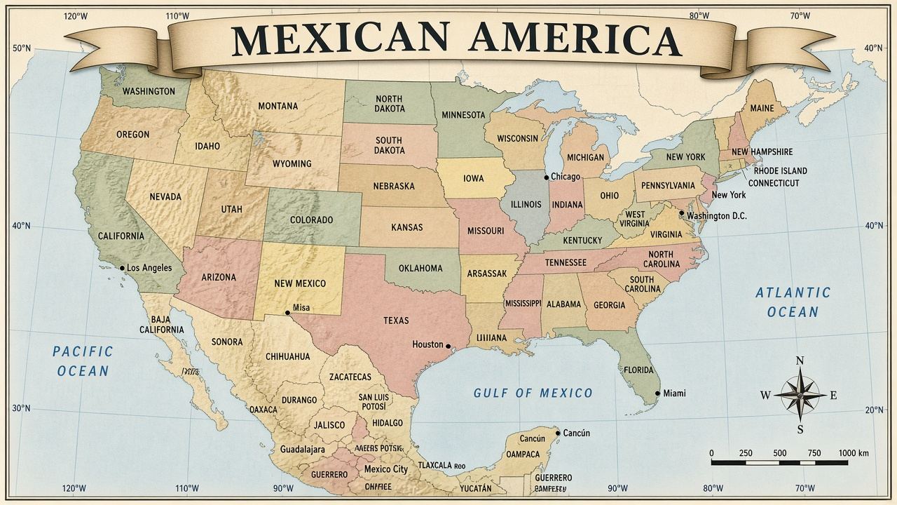 Parody classroom-style map of North America labeled Mexican America
